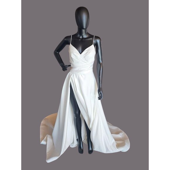 Minimalist A-Line Ivory Satin Spaghetti Strap Wedding Gown - Picture 4 of 8